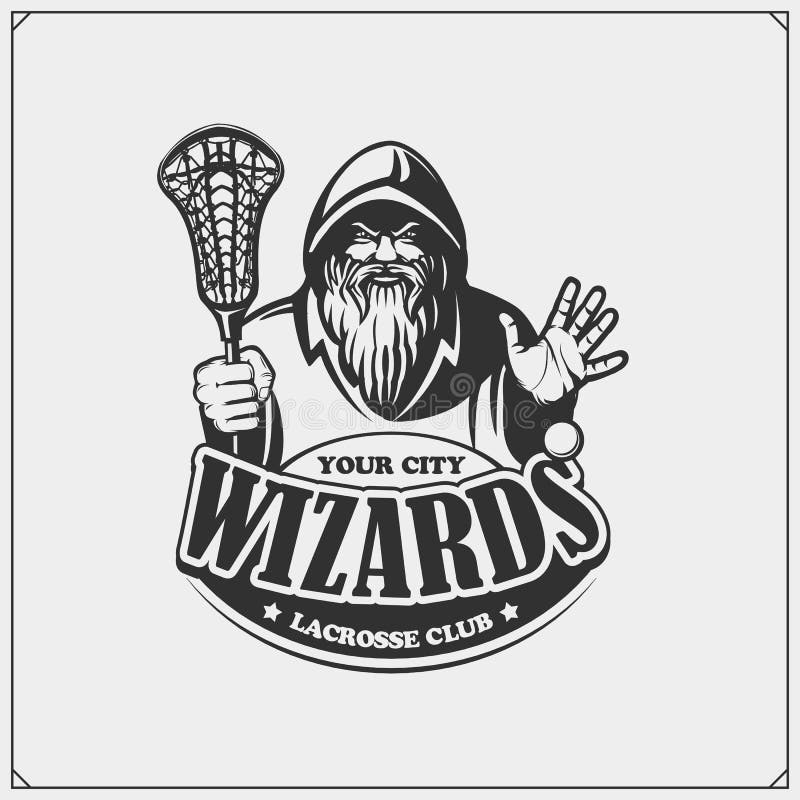 Lacrosse świetlicowy emblemat z czarownikiem lub magikiem Druku projekt dla koszulek ilustracja wektor Lacrosse świetlicowy emblemat z czarownikiem lub magikiem Druku projekt dla koszulek ilustracja wektor