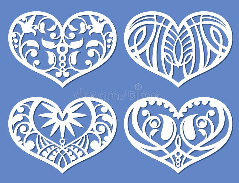 Lacy hearts, laser cutting fretwork shapes, plotter cutout love vector symbols