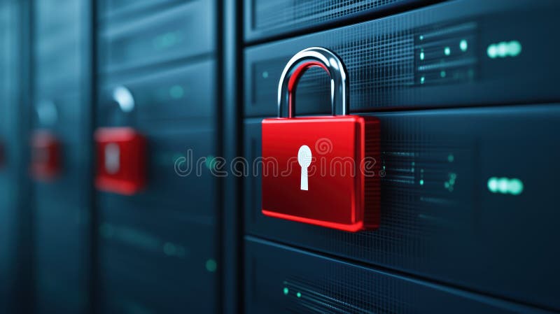 Lacătul roșu cu securitate sporită pentru server simbolizează protecția îmbunătățită a datelor și controlul accesului vector illustration