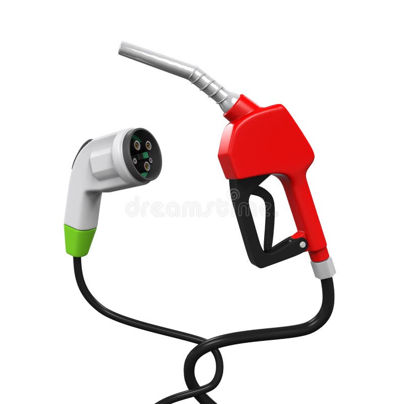 Electric Vehicle Charging Plug and Gas Nozzle isolated on white background. 3D render. Electric Vehicle Charging Plug and Gas Nozzle isolated on white background. 3D render