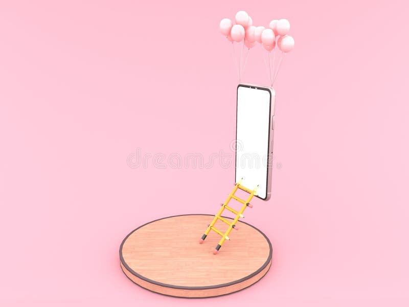 The ladder made of yellow pencil is leaning to the Smartphone white screen and a pink balloons tied to Smartphone white screen is stock illustration