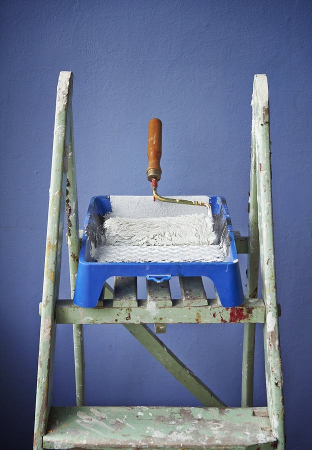 Ladder, Paint Can and Paint Roller Stock Image Image of indoors