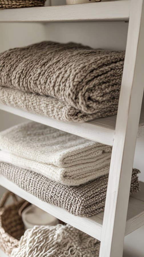 Ladder shelf displaying folded wool throws. royalty free stock photo