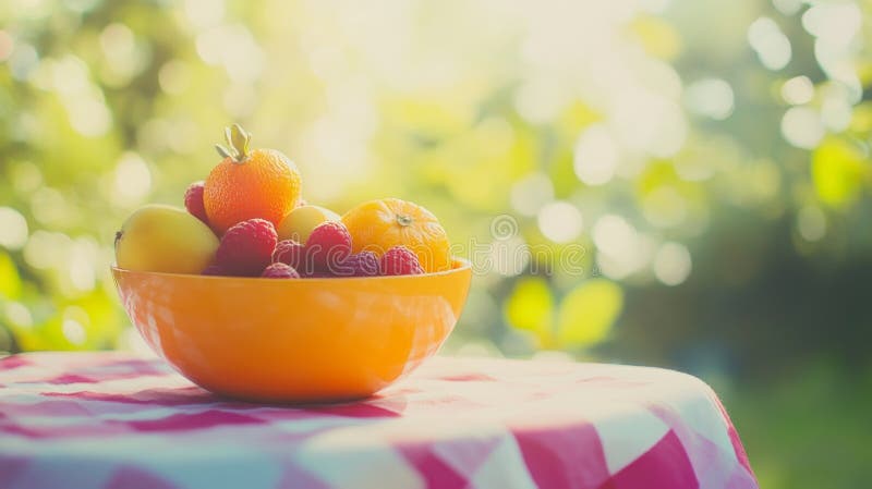 Laddning med orange skål av färsk sommarfrukt på mjukt bord utomhus stock illustrationer