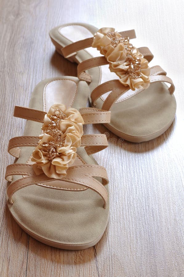 Ladies Beige Sandals Low Heels Stock Image Image of casual, cutout