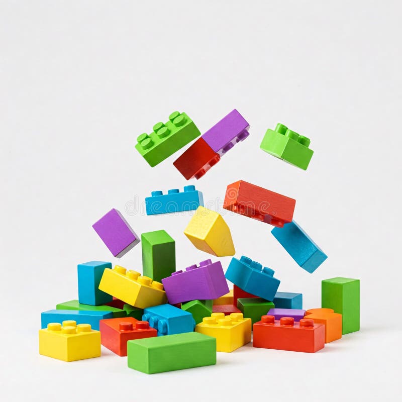 Ladrillos de juguete coloridos aislados en un fondo blanco. Bloques de plástico dispersos en movimiento.