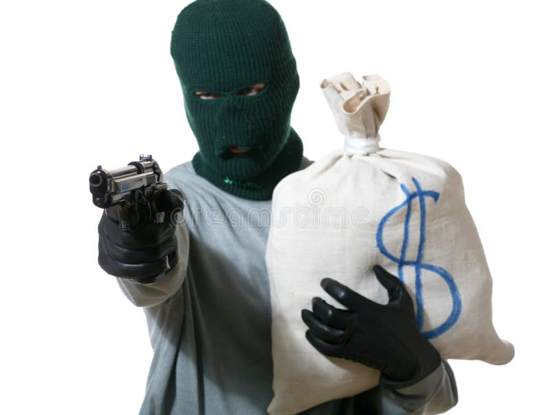An image of a man in mask with gun and bag. An image of a man in mask with gun and bag