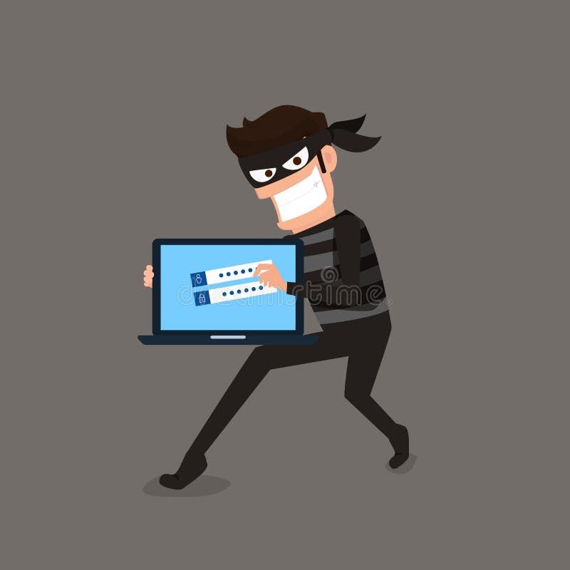 ladrão O hacker que rouba dados sensíveis como senhas de um computador pessoal útil para anti vírus phishing e de Internet faz ca ilustração stock ladrão O hacker que rouba dados sensíveis como senhas de um computador pessoal útil para anti vírus phishing e de Internet faz ca ilustração stock