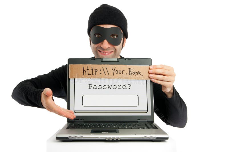 A thief (dressed in black and eye-masked) pops up from behind a laptop's screen and hides the real URL by planting a fake one on it, clumsily written on a piece of cardboard as a visual metaphore for the phishing technique. Then, he kindly invites the user to fill in his/her bank account's password. A thief (dressed in black and eye-masked) pops up from behind a laptop's screen and hides the real URL by planting a fake one on it, clumsily written on a piece of cardboard as a visual metaphore for the phishing technique. Then, he kindly invites the user to fill in his/her bank account's password.