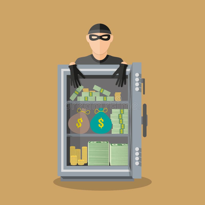 Ladrón del ladrón en máscara en la caja fuerte abierta grande stock de ilustración Ladrón del ladrón en máscara en la caja fuerte abierta grande stock de ilustración