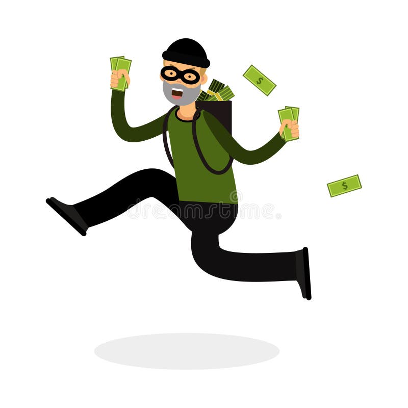 Ladrón en un carácter de la máscara que corre con una mochila llena de ejemplo del dinero ilustración del vector Ladrón en un carácter de la máscara que corre con una mochila llena de ejemplo del dinero ilustración del vector