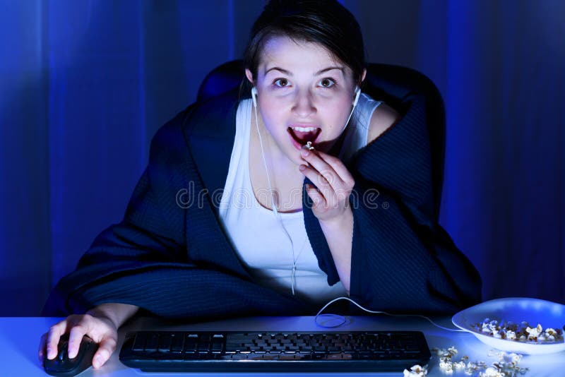 Lady addicted to computer stock images