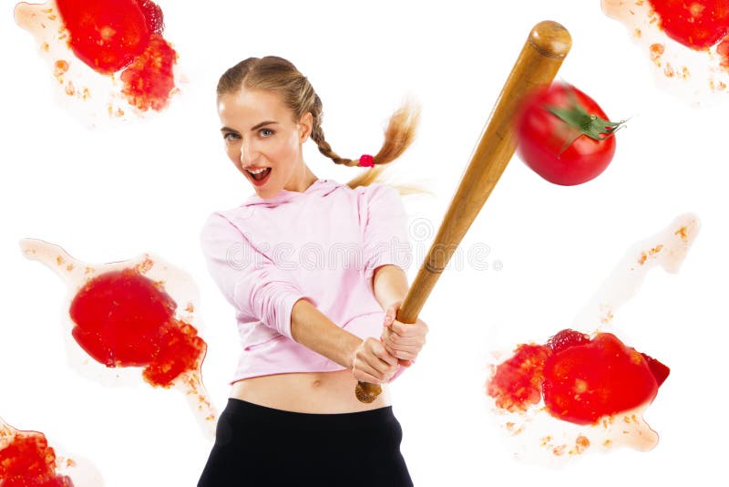 Lady beating off tomatoes with a baseball bat