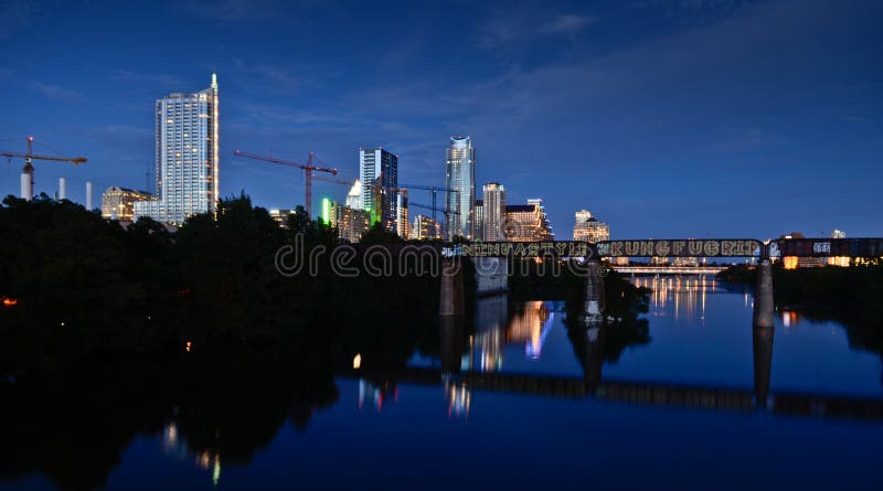 Lady Bird lake and downtown Austin by night