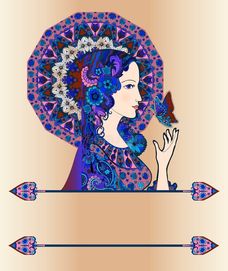 Lady en el sombrero y con mariposa Portada del libro, afiche stock de ilustración Lady en el sombrero y con mariposa Portada del libro, afiche stock de ilustración