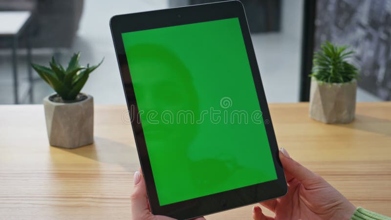 Lady hands holding chromakey pad at office closeup. Woman using mockup tablet stock video footage