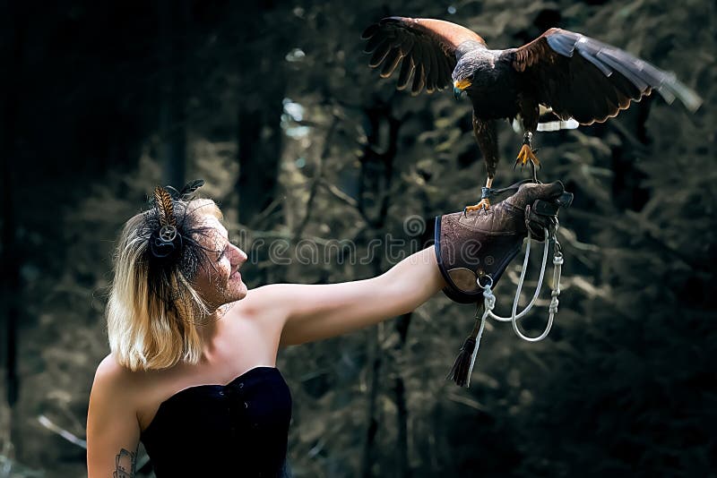 The Lady with the Harris Hawk Stock Image - Image of raptor, animal ...