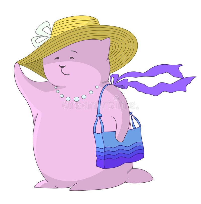 Lady in a hat with a handbag. Thick lady wistfully looks afar, holding a hat with one hand, and a bag with another stock illustration