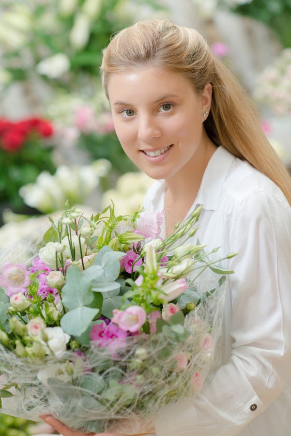 Lady Holding Large Bouquet Flowers Stock Photo Image of hair, holding