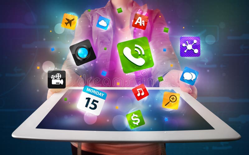 Lady holding a tablet with modern colorful apps and icons vector illustration
