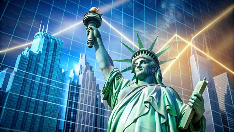 Lady Liberty s Bullish Ascent A Symbolic Representation of the New York Stock Market s Soaring Heights vector illustration.