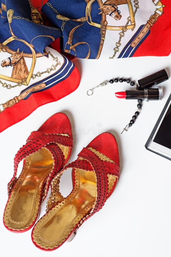 Lady Lifestyle Background with Shoes and Accessory Around White Stock