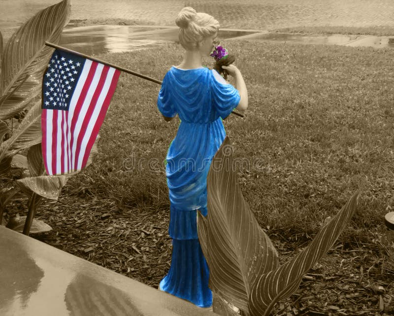 Lady in My Front Yard Holding the United States Flag royalty free stock photo Lady in My Front Yard Holding the United States Flag royalty free stock photo