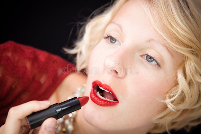 Lady Putting Lipstick Mouth Open Stock Photo Image of makeup