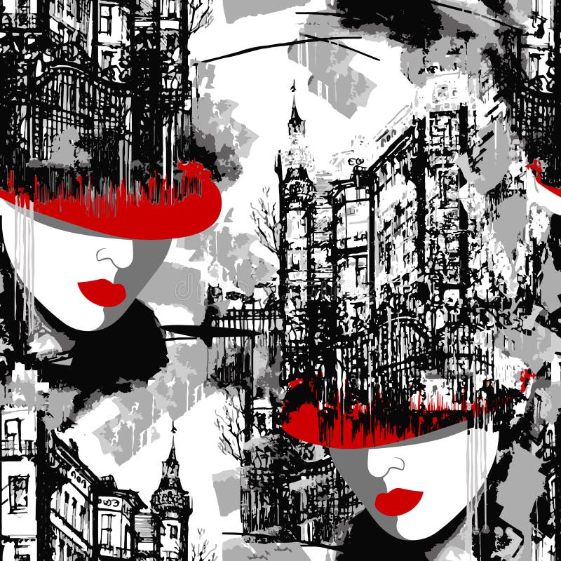 Lady in red. Elegance Paris. Seamless pattern of the urban landscape with a woman in a red hat.