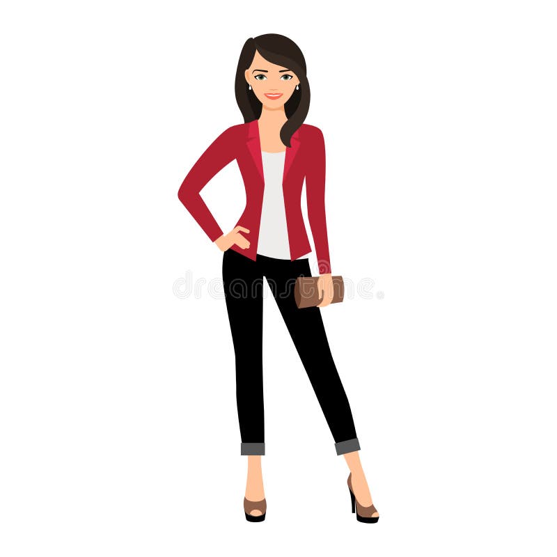 Lady in red jacket with wallet. Lady in red jacket with brown wallet isolated vector illustration on white background stock illustration