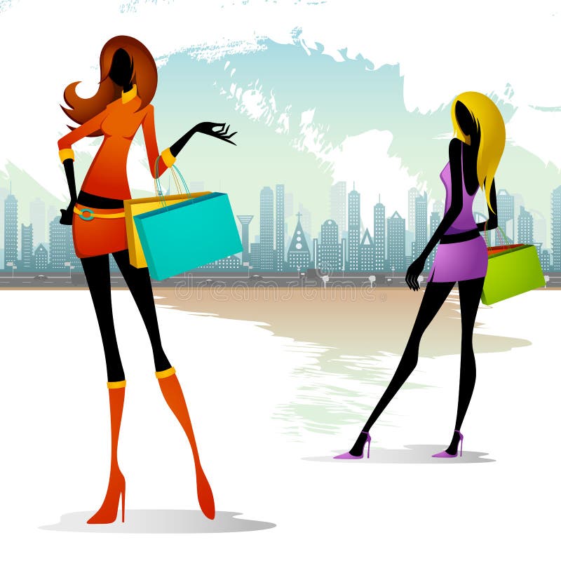 Lady with Shopping Bag. Vector illustration of lady with shopping bag on cityscape backdrop royalty free illustration