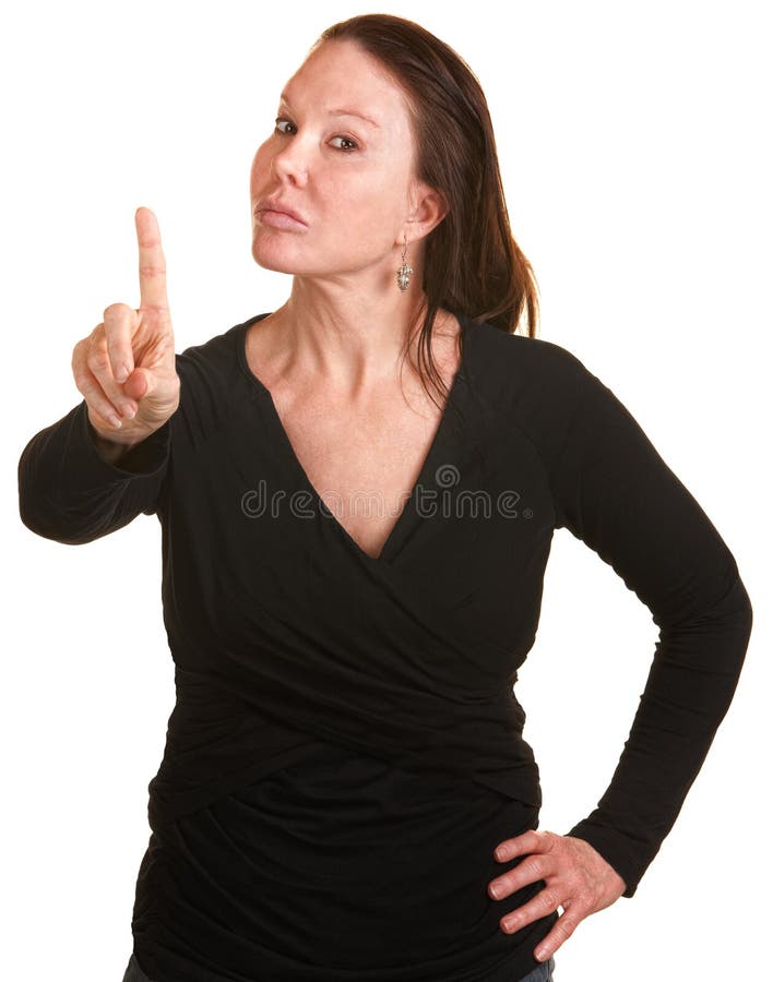 Annoyed white lady on isolated background wagging finger. Annoyed white lady on isolated background wagging finger