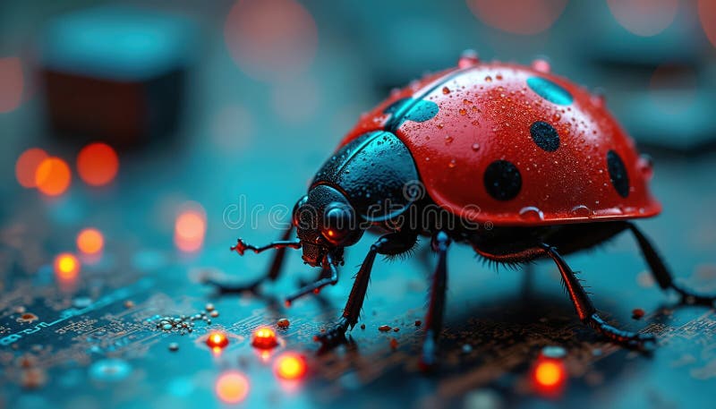 Ladybug on circuit board symbolizes software bug testing. Macro photo of ladybird represents QA engineer job, IT issues, debugging stock photography