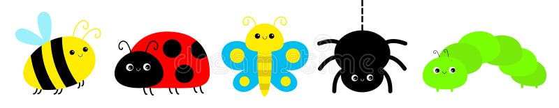 Ladybug ladybird, spider, bee bumblebee, butterfly, lady bug, caterpillar, catapillar. Insect set line. Cute cartoon funny kawaii