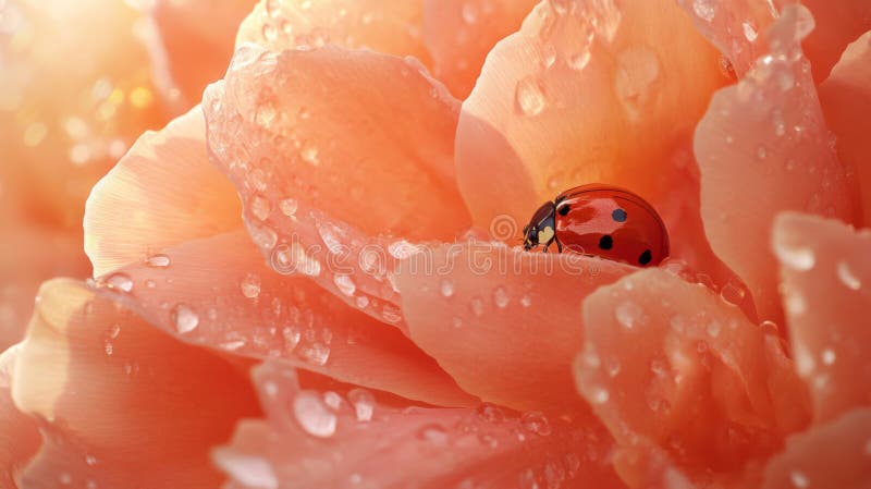 Ladybug Resting on Dew Covered Peach Rose Petals Stock Illustration ...