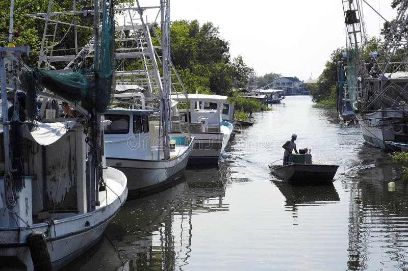 A fisherman heads out in his small bateau along a bayou in Lafitte, Louisiana. A fisherman heads out in his small bateau along a bayou in Lafitte, Louisiana.