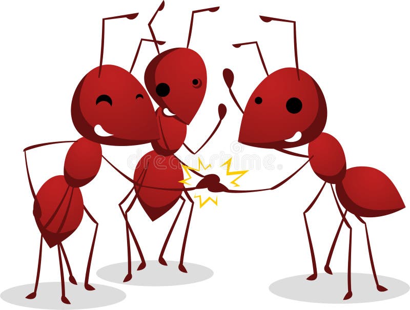 Lag för tre myror som skakar teamworkhänder