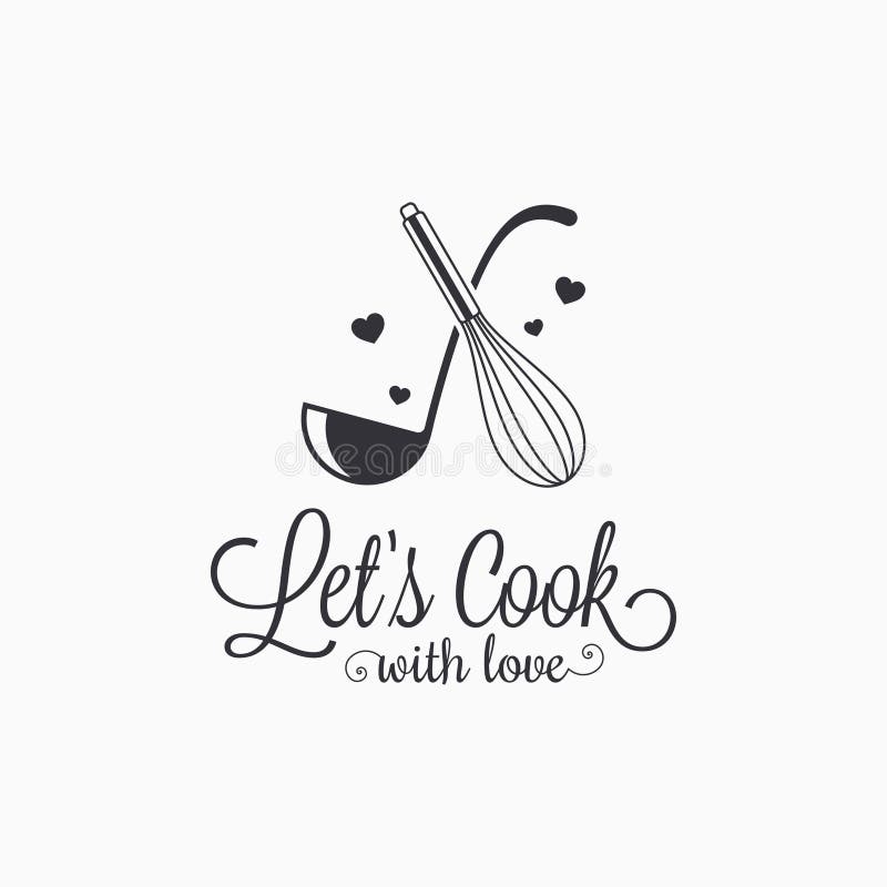 Cook with love lettering. Ladle with whisk logo on white background 8 eps. Cook with love lettering. Ladle with whisk logo on white background 8 eps