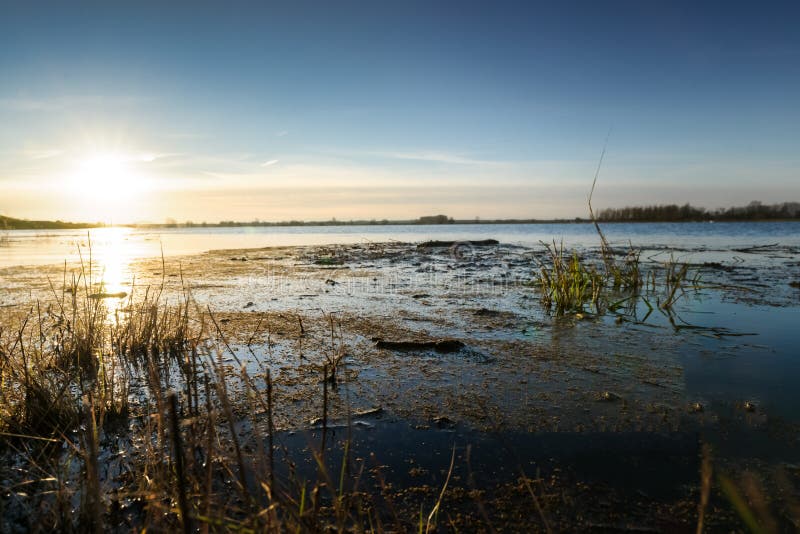 Lage punt of mening van een rivier met hoogwater stock foto's Lage punt of mening van een rivier met hoogwater stock foto's