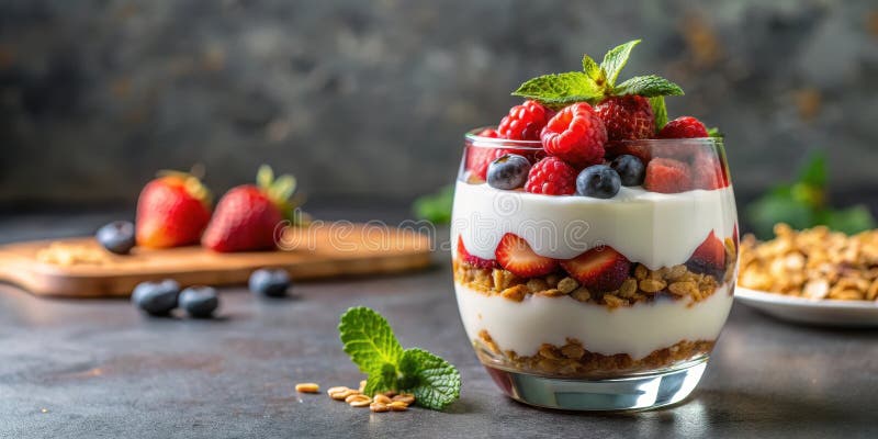 Lagen erfreuen einen erfrischenden Parfait mit cremigen Jogurt Süßbeeren und knuspriger Granola. Generative AI vektor abbildung