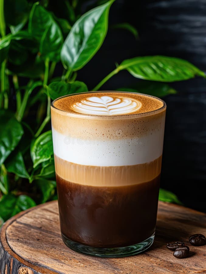 Lagen Kaffee mit Latte Art in einem Glas stock abbildung
