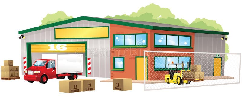 An illustration of a typical small warehouse complete with delivery truck and forklift. E.P.S. 10 vector file included with image, isolated on white. An illustration of a typical small warehouse complete with delivery truck and forklift. E.P.S. 10 vector file included with image, isolated on white.