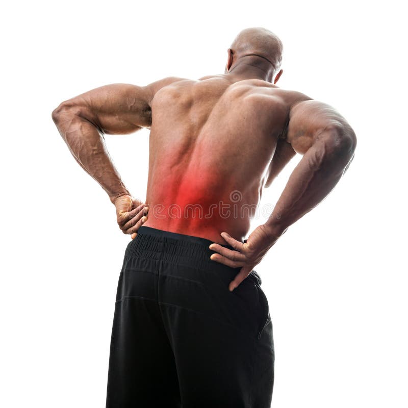 Fit man or athlete reaching for his lower back in pain with the painful area highlighted in red. Fit man or athlete reaching for his lower back in pain with the painful area highlighted in red.