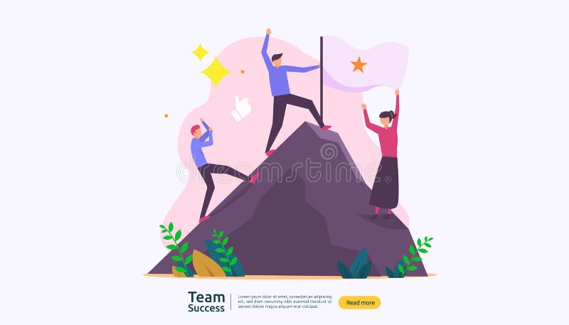Lagframgång med att segra på flaggan överst av ett berg teamworkbegrepp med folkteckenet för mall för rengöringsduklandningsida, stock illustrationer Lagframgång med att segra på flaggan överst av ett berg teamworkbegrepp med folkteckenet för mall för rengöringsduklandningsida, stock illustrationer
