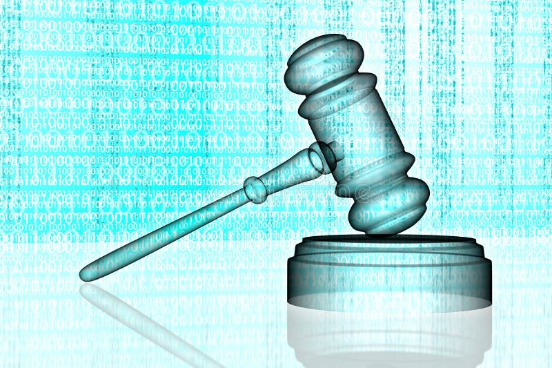 Lagligt datordomarebegrepp, cyberauktionsklubba, illustration 3D stock illustrationer Lagligt datordomarebegrepp, cyberauktionsklubba, illustration 3D stock illustrationer
