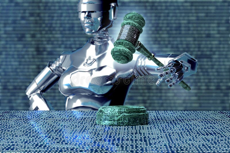 Lagligt datordomarebegrepp, robot med auktionsklubban, illustration 3D arkivbild Lagligt datordomarebegrepp, robot med auktionsklubban, illustration 3D arkivbild