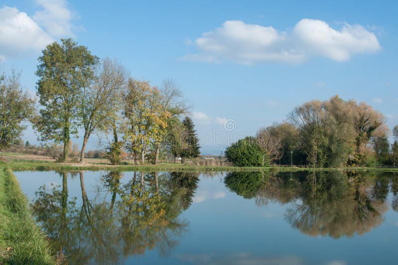 Lago bonito com as árvores na reflexão foto de stock