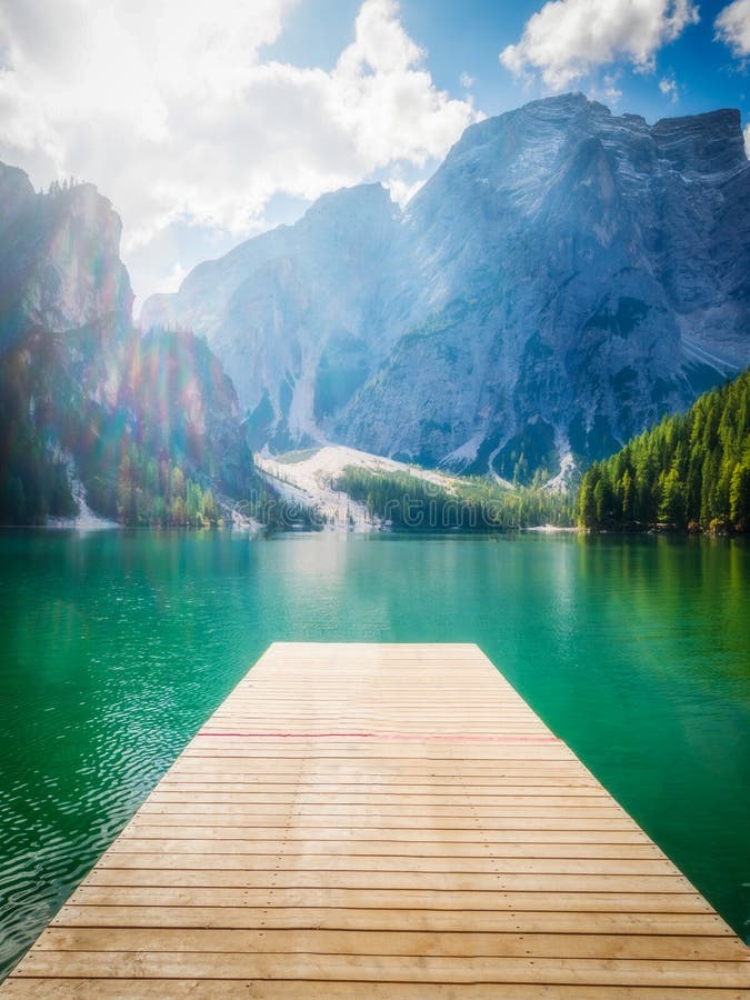 Lago Braies en las monta?as Seekofel, Italia de las dolom?as imagen de archivo Lago Braies en las monta?as Seekofel, Italia de las dolom?as imagen de archivo
