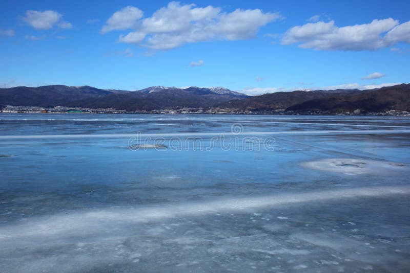 Frozen lake. Lake Suwa in Nagano Prefecture in Japan. Frozen lake. Lake Suwa in Nagano Prefecture in Japan