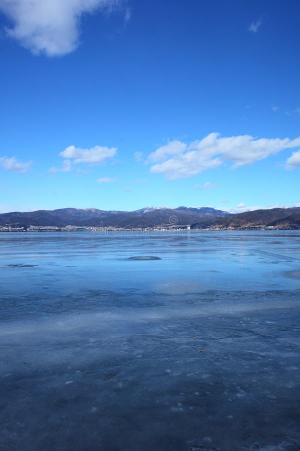 Frozen lake. Lake Suwa in Nagano Prefecture in Japan. Frozen lake. Lake Suwa in Nagano Prefecture in Japan